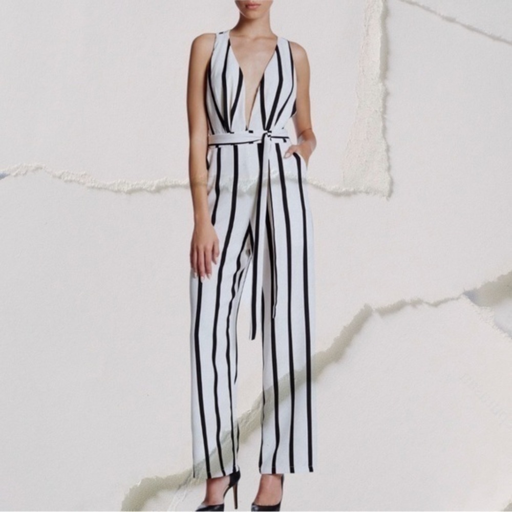 Black and white, striped low, cut jumpsuit - Picture 2 of 4